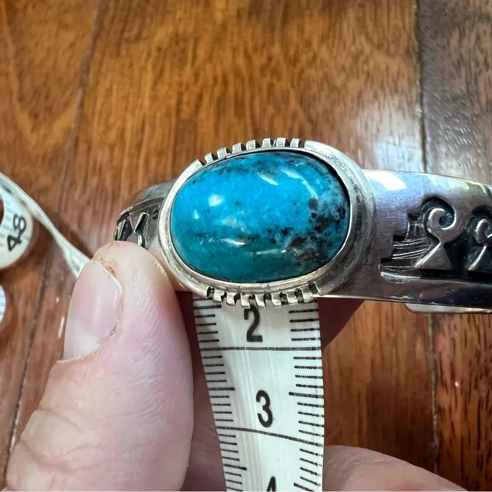 Sterling Silver & Turquoise Cabochon Overlay Cuff Bracelet - Picture 9 of 16